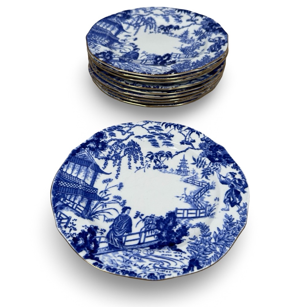 Royal Crown Derby Blue Mikado 7 Inch Dessert Plates Set of 10 Gold Trim England